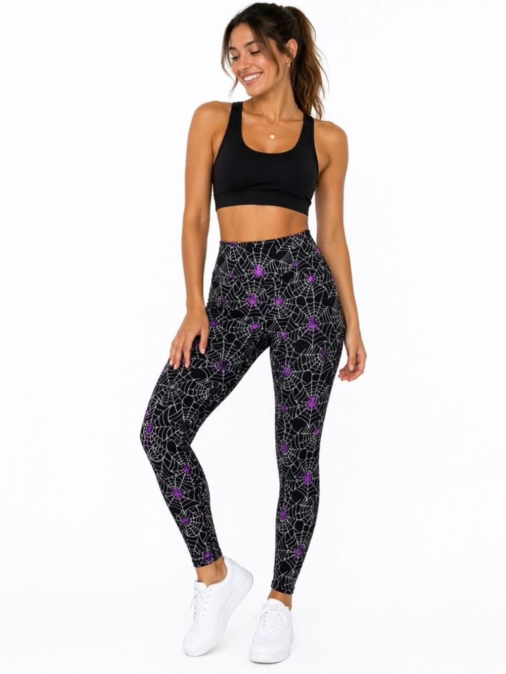 High-Rise Spiderweb Print Leggings in Black & Purple